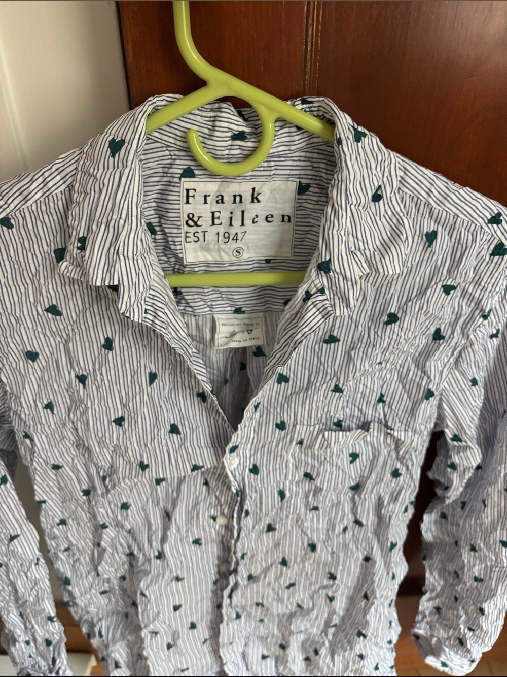 Frank & Eileen White Striped Button-Down with Teal Heart Print